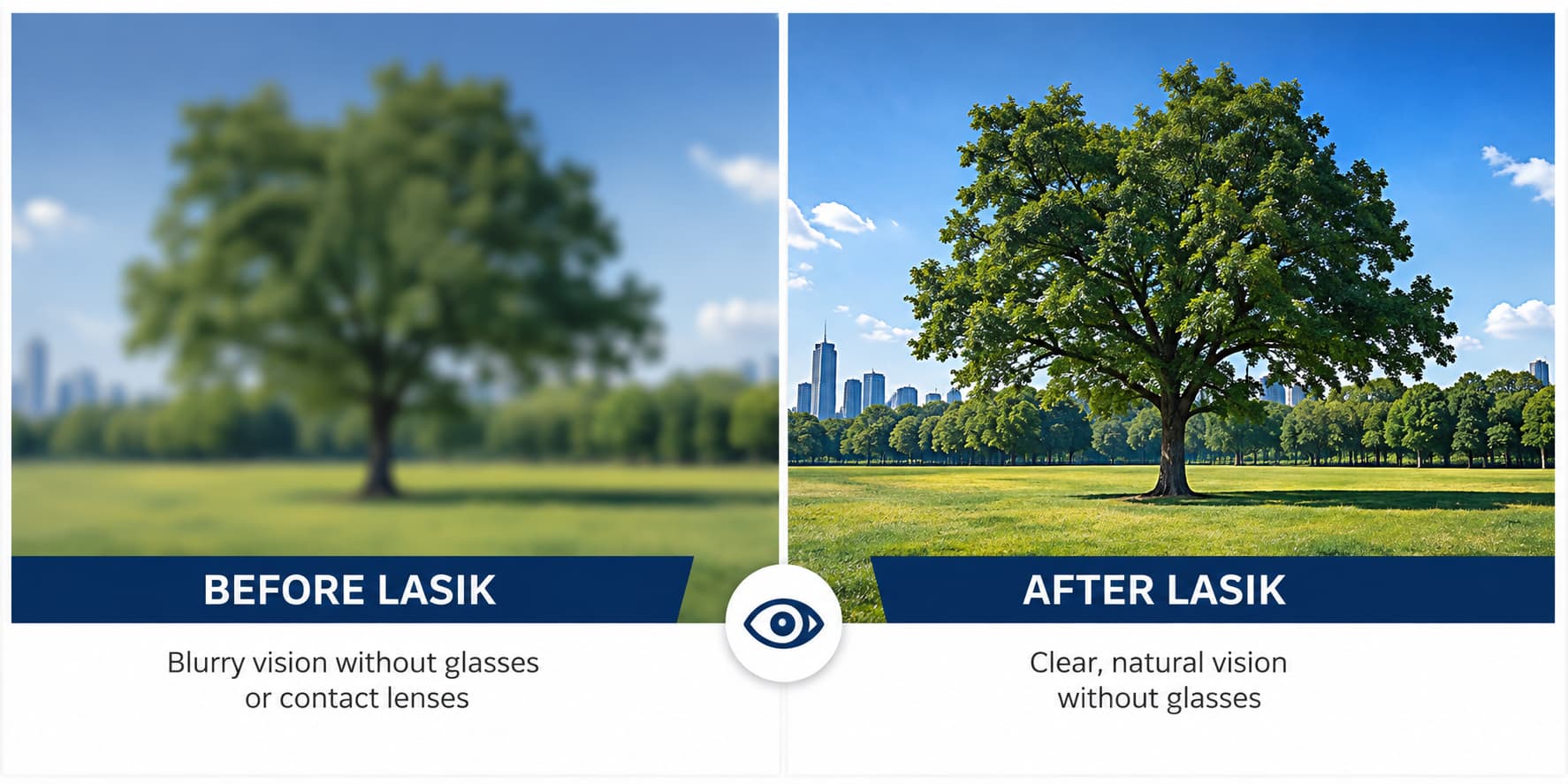 Before-and-after comparison illustrating blurred vision before LASIK and clear vision after LASIK