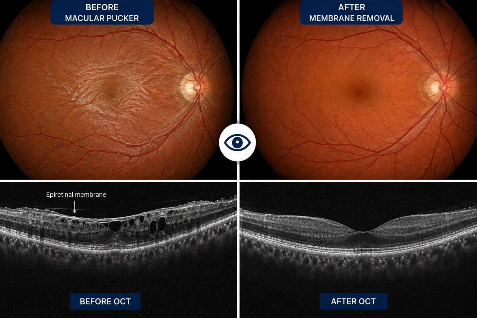 Before-and-after retinal photographs and OCT scans showing a macular pucker and the retina after membrane removal