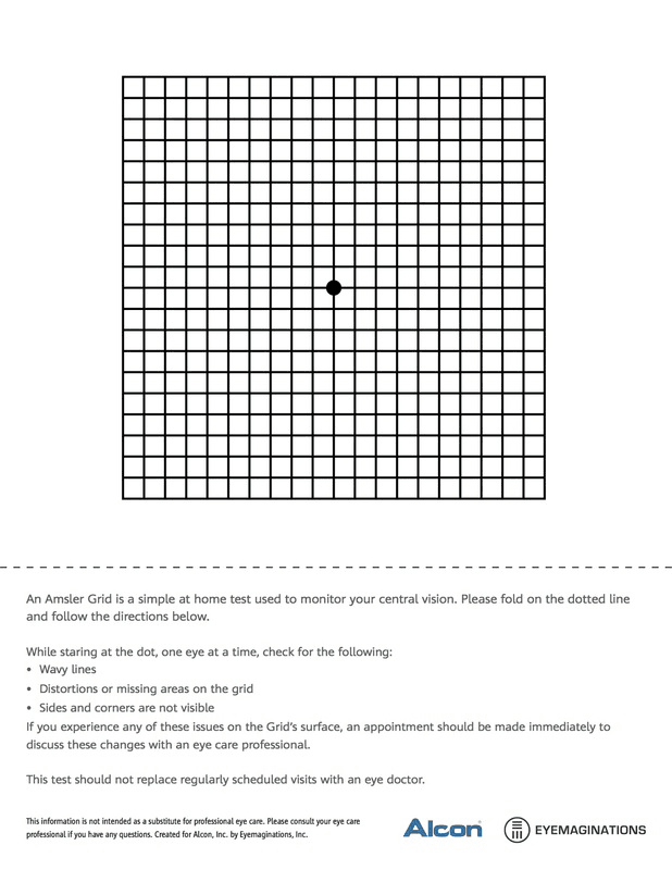 Printable Amsler grid with a central fixation dot and patient instructions