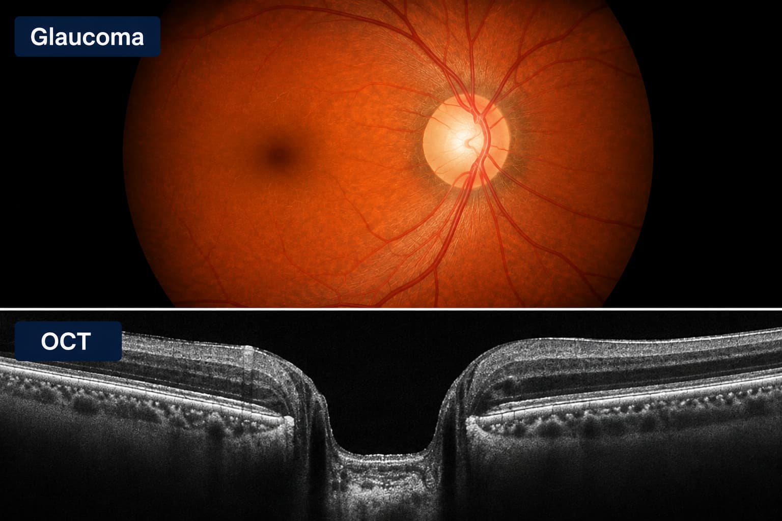 Glaucoma fundus photograph with an optical coherence tomography scan of the optic nerve.